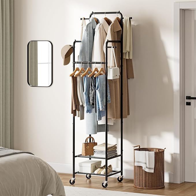 Chrislley Clothes Rack with Wheels, 71" Portable Clothing Rack with 2 Shelves and 4 Hooks, Small Rolling Garment Rack, 4 Hanging Rods Metal Coat Rack for Bedroom, Apartment, Entryway, Black