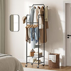 Chrislley Clothes Rack with Wheels, 71" Portable Clothing Rack with 2 Shelves and 4 Hooks, Small Rolling Garment Rack, 4 Hanging Rods Metal Coat Rack for Bedroom, Apartment, Entryway, Black