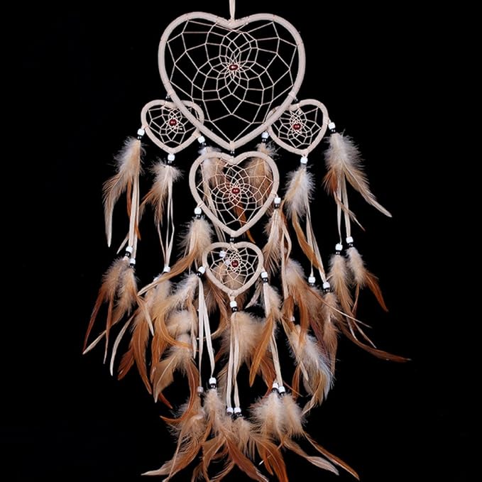 WESTONETEK Large Handmade Dream Catcher Traditional Dreamcatcher Feather Wall Hanging Decoration Ornaments Five Hearts Beige