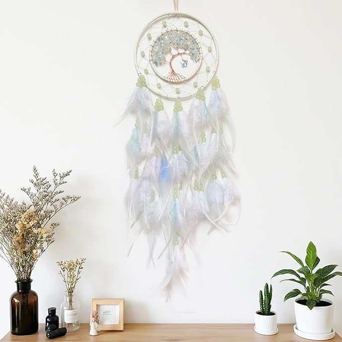 White Dream Catcher Wall Decor Crystal Tree of Life Dream Catchers with Luminous Bead Handmade Feather Dreamcatcher Wall Hanging Ornament for Bedroom Living Room Home Decor