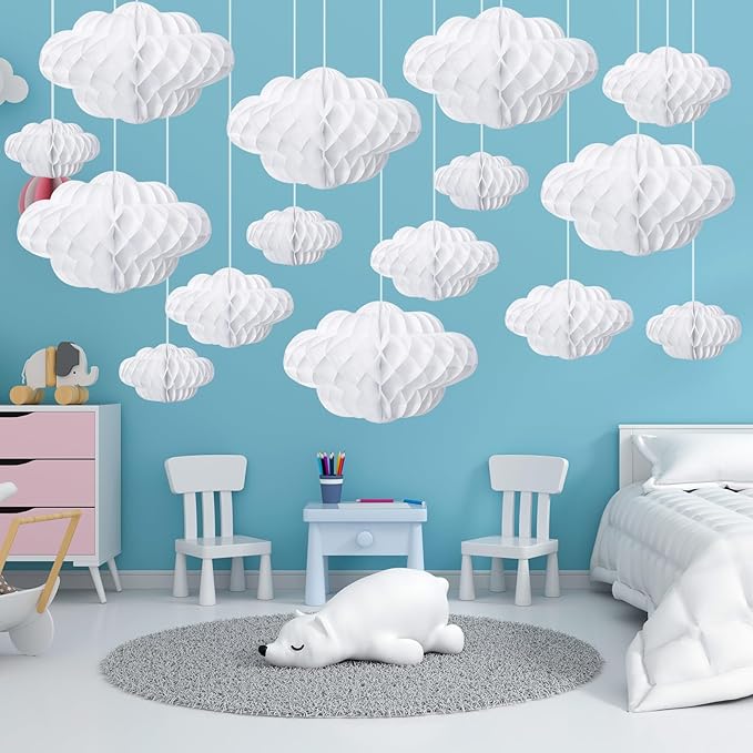 Affrolling 20 Pcs 3D Cloud Decorations Hanging Honeycomb Decor Artificial Cloud Ornaments for Ceiling Art Wedding Birthday Nursery Room Baby Shower Party Decorations(X-Large, Classical Style)
