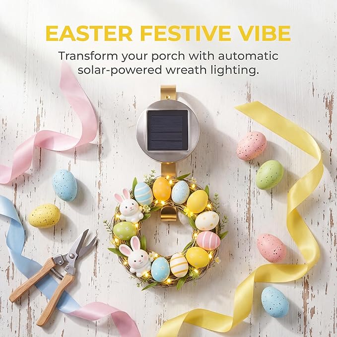Solar Easter Wreath Hangers for Front Door with LED Lights, Compatible with Lighted Wreaths,Holiday Decorations. Large Suction Cup Metal Hook for Glass Window Outdoor Porch