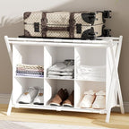 Luggage Rack for Guest Room, Folding Suitcase Stand with 6-Cube Fabric Storage Shelf, Luggage Holder, Steel Foldable Luggage Stand for Guest Room, Bedroom, Hotel, White