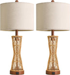 OYEARS 27" Table Lamps Set of 2 with Rattan & Dual Lights, Boho Lamps for Nightstands, Bedside Lamps for Bedroom, Nightstand Lamp for Living Room, Farmhouse Table Lamp for Office & Study