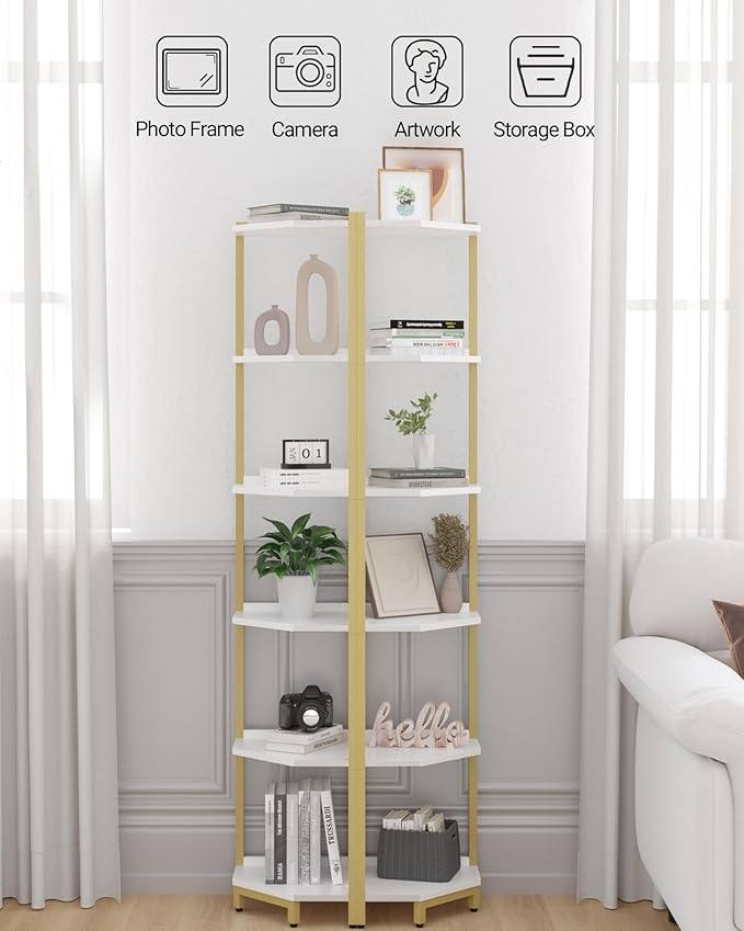 Hzuaneri Corner Shelf Stand, Corner Bookshelf, Storage Standing Shelf Unit with Metal Frame, Plant Stand, Bookcase for Living Room, Home Office, Bedroom, 6-Tier White Gold CS06003A