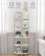 Hzuaneri Corner Shelf Stand, Corner Bookshelf, Storage Standing Shelf Unit with Metal Frame, Plant Stand, Bookcase for Living Room, Home Office, Bedroom, 6-Tier White Gold CS06003A