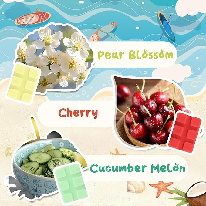 SCENTORINI Wax Melts, Scented Wax Cubes for Wax Warmers, Summer Scent, Coconut Beach, Pear Blossom, Cherry, Cucumber Melon, Pineapple, Energizing Citrus, 6 Pack