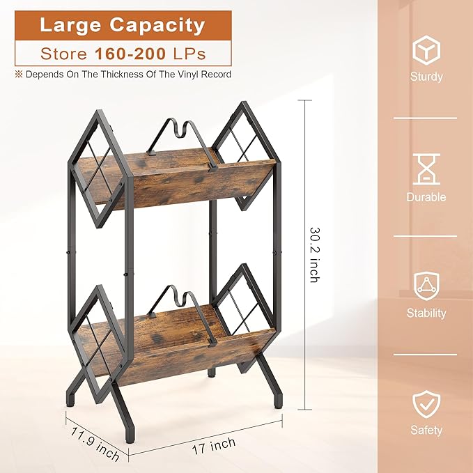 RUILALIFE 2-Tier-Vinyl-Record-Storage-Holder With Dividers, Metal Album storage for vinyl records display Shelf, Vintage 160-200 LP Storage Shelf Stand