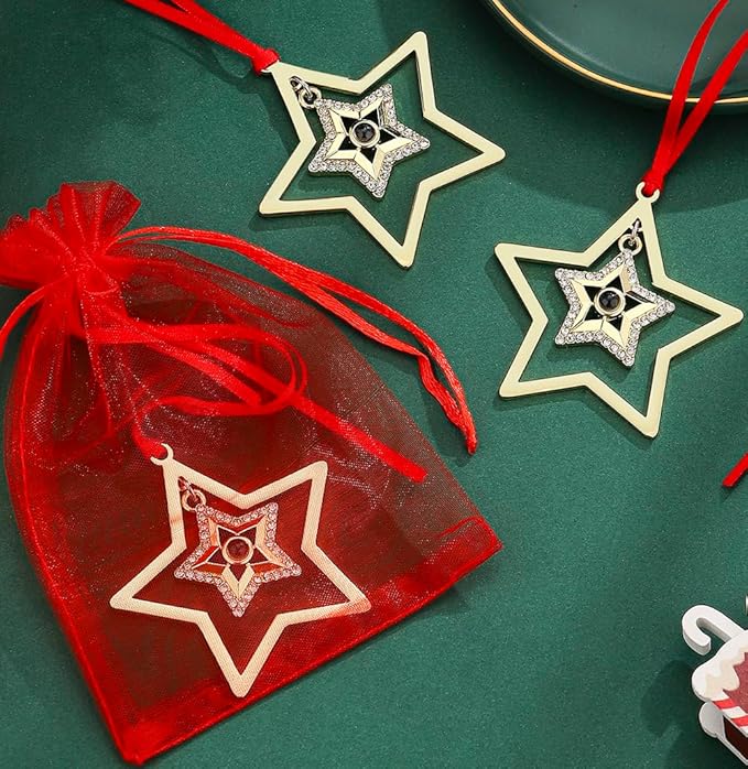 Set of 3 Christmas Hanging Ornaments - Silver Snowflake Star Pawprint Christmas Tree Decor for Xmas Tree Gift Decorative Hanging Ornaments Hanging Pendants (3, Golden Star)