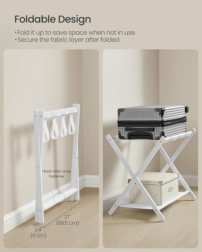 SONGMICS Luggage Racks for Guest Room, Set of 2, Suitcase Stand with Storage Shelf, Steel Frame, Foldable for Easy Storage, Hotel, Bedroom, Cloud White URLR003W02