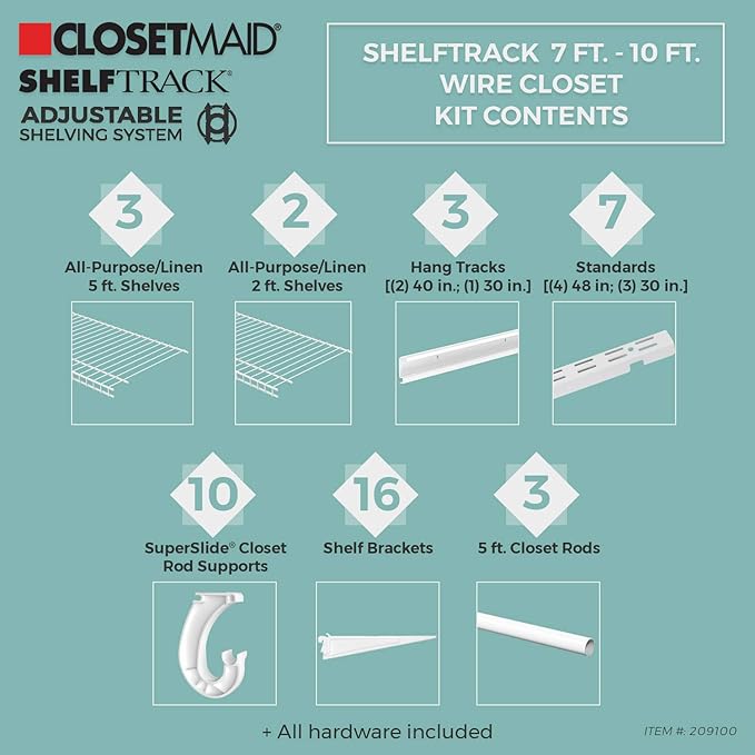 ClosetMaid ShelfTrack Wire Closet Organizer System, Adjustable from 7 to 10 Ft., With Shelves, Clothes Rods, Hardware, Durable Steel, White