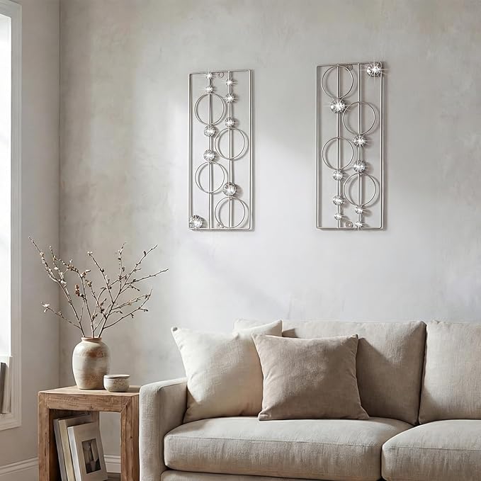 ZEXUIRU 2 Pcs Abstract Metal Art for Wall Decor Living Room Bedroom Bathroom Office Metal Bling Modern Geometric Hanging Vertical Small Iron Sculpture Plaque Pack -Silver 15.7in