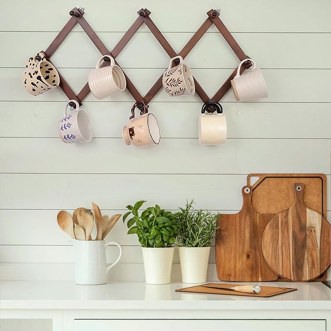 Wall Rack with 10 Hooks, Wooden Wall Expandable Coat Rack for Coat, Hats, Baseball Caps, Coffee Mug, Jewelry(Brown)