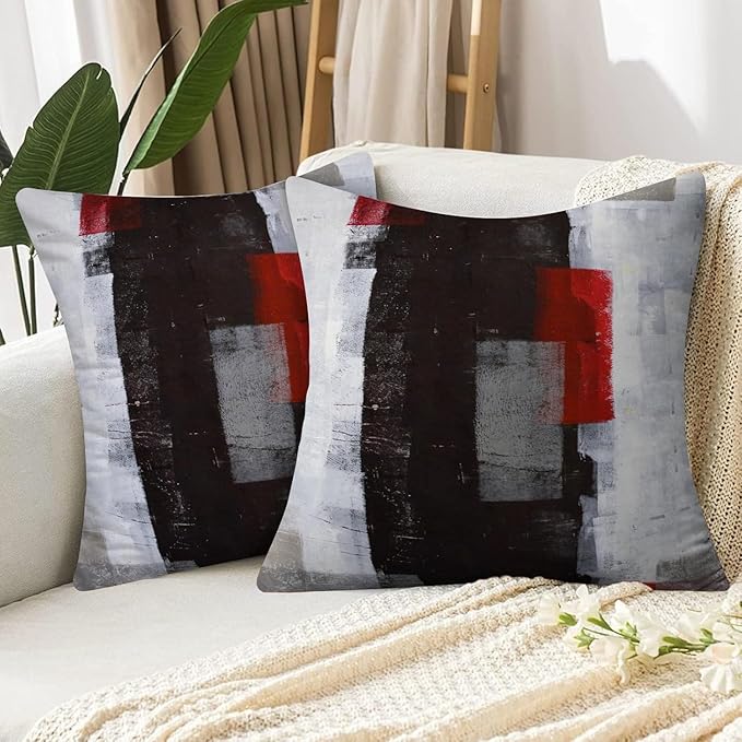Red and Grey Abstract Art Artwork Pillow Cover, Gallery Modern Decorative Throw Pillows Cushion Cover for Bedroom Sofa Living Room 24 x 24 Inch Set of 2