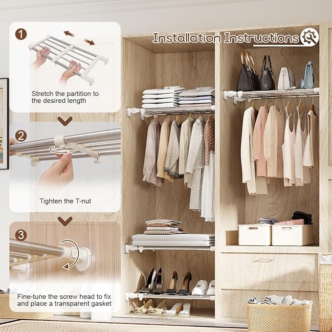 Hershii Closet Tension Shelf & Rod Expandable, Adjustable Storage Rack Metal Organizer DIY Divider Separator for Cabinet Wardrobe Cupboard Kitchen Bathroom