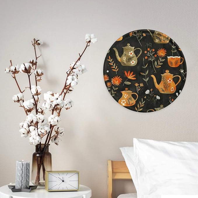 Wall Picture, with Plants and Teapot Printed Circular Iron Hanging Picture,Wall Art Decor,Home for Bedroom Living Room Bathroom Decor,Iron Painting 11.8X11.8 in