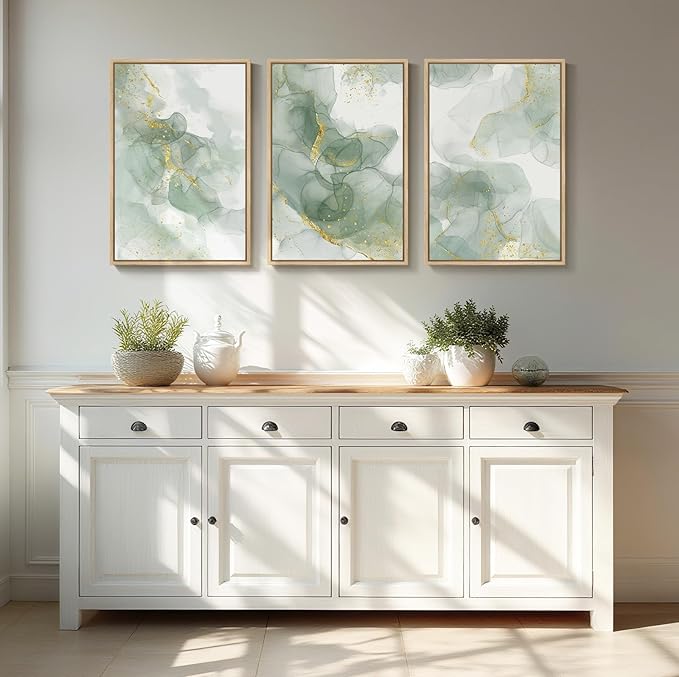 Framed Sage Green Abstract Wall Art, 3 Piece Modern Canvas Prints Paintings Artwork for Walls, Minimalist Green and Gold Abstract Art Pictures for Bedroom Living Room Dining Room Wall Decor 16x24 In