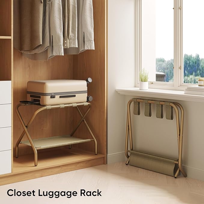 Set of 2 Luggage Rack for Guest Room, Folding Suitcase Stand with Shoe Shelf, Easy Assembly, Portable, Hold up to 110 lb, Gold
