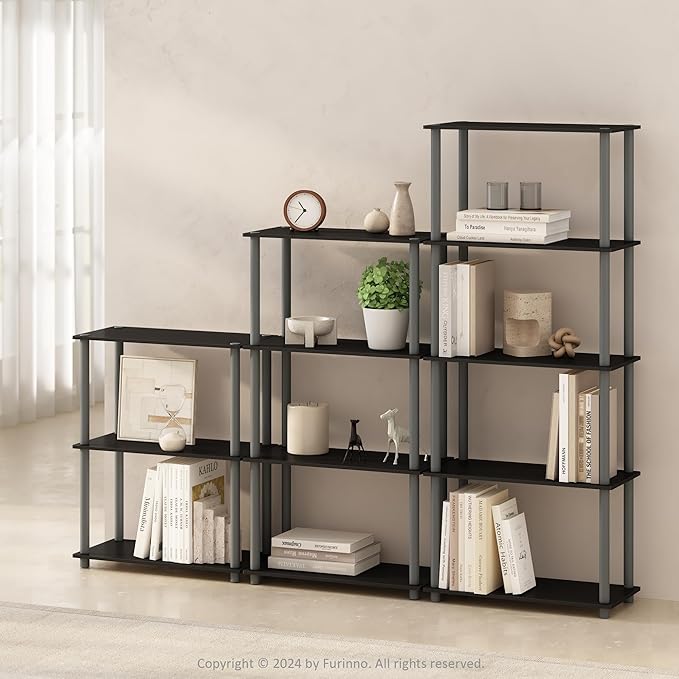 Furinno Turn-N-Tube Book Shelf, 5-Tier Bookshelf, Bookcase with Multipurpose Compact Display Rack, 11.6 x 23.6 x 57.4, for Living Room, Bedroom, Home Office, Black/Grey