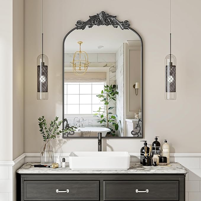 VooBang 26x38 inch Vintage Arched Bathroom Mirror - Gorgeous Wall Vanity Mirror with Beautiful Retro Top and Bottom Engraving Process Frame for Entryway Hallway Living Room, Black