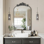 VooBang 24x36 inch Vintage Arched Bathroom Mirror - Gorgeous Wall Vanity Mirror with Beautiful Retro Top and Bottom Engraving Process Frame for Entryway Hallway Living Room, Black