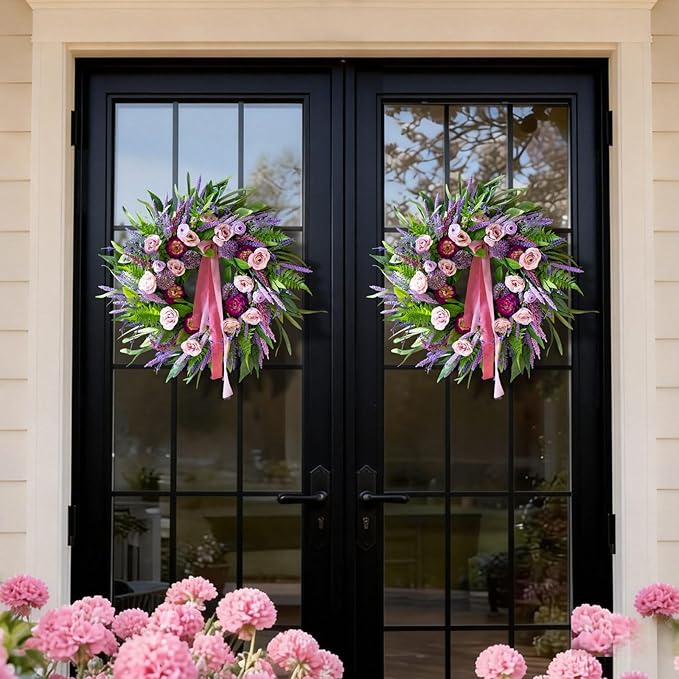 Spring Wreaths for Front Door 24 Inch Luxury Lavender Summer Wreath with Pink Ribbon,Artificial Peony & Rose Spring Door Wreath for Farmhouse Home Wall Porch Window Seasonal Display