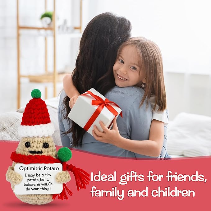DAFURIET Positive Christmas Potato, 3 inch Knitted Wool Doll with Card for Cheer Up Gifts and Party Decorations, Cute Wool Potato Crochet Doll for Birthday Gifts (Christmas Potato)