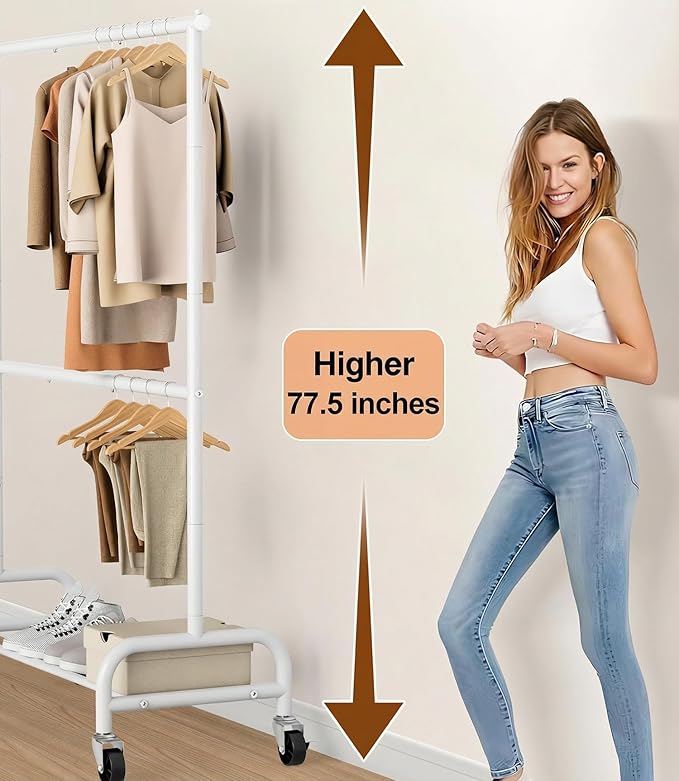 MISSLO Heavy Duty Clothing Racks for Hanging Clothes Rack Double Rod Garment Rack Rolling Closet Wardrobe Rack on Wheels, Metal, Adjustable, White