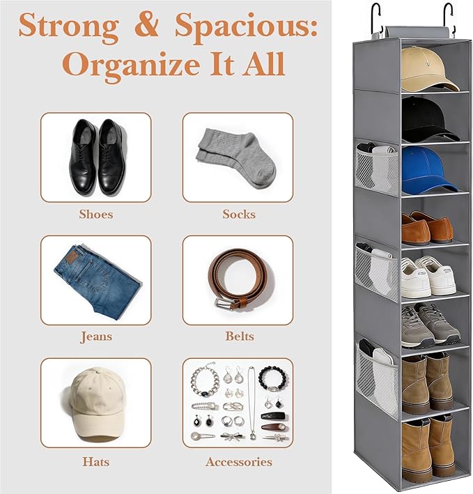 VERONLY Hanging Shoe Organizer for Closet,8-Shelf Hanging Storage with Side Mesh Pockets,Wider Shelves for Baseball Caps,Clothes (9" W × 11.8" D × 54" H) Grey