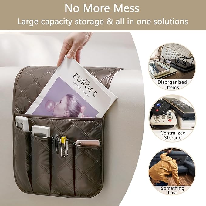 Remote Control Holder for Armchair, Couch Recliner Chair Caddy, Non-Slip Arm Chair Caddy for Recliner with 5 Pockets for Table, Ipad, Magazines, Arm Chair Bedside Caddy Storage Organizer (Brown)