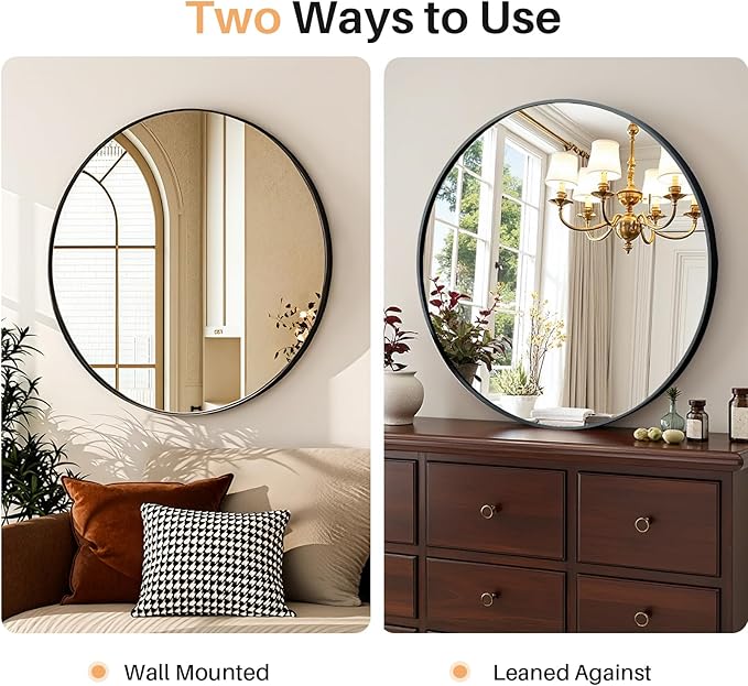 Bathroom Mirror for Wall, 24 Inch Round Mirror, Matte Black Metal Framed Circle Vanity Mirror for Bathroom Bedroom Living Room Entryway, Anti-Rust, Tempered Glass, Hanging or Leaning