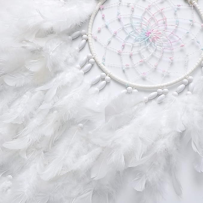 Dremisland White Feathers Dream Catcher Wall Hanging Elegant Wall Art Room Decoration for Windows Balcony Bedroom Wedding Party Gift for Girls and Kids (No Lights)