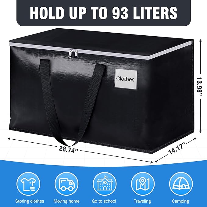 BlissTotes Moving Bags, Heavy Duty Moving Boxes with Zippers Top and Sturdy Handles, Storage Bags for Space Saving and Packing, Collapsible Moving Supplies, Storage Totes (93L, 4-Pack, Black)