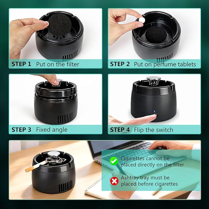 Smokeless Ashtray 2 in 1 Air Purifier Ashtray Smoke Removing Ash Tray Portable Smokeless Ashtrays USB Rechargeable Electric Ashtrays Indoor for Car Home and Office (Green)