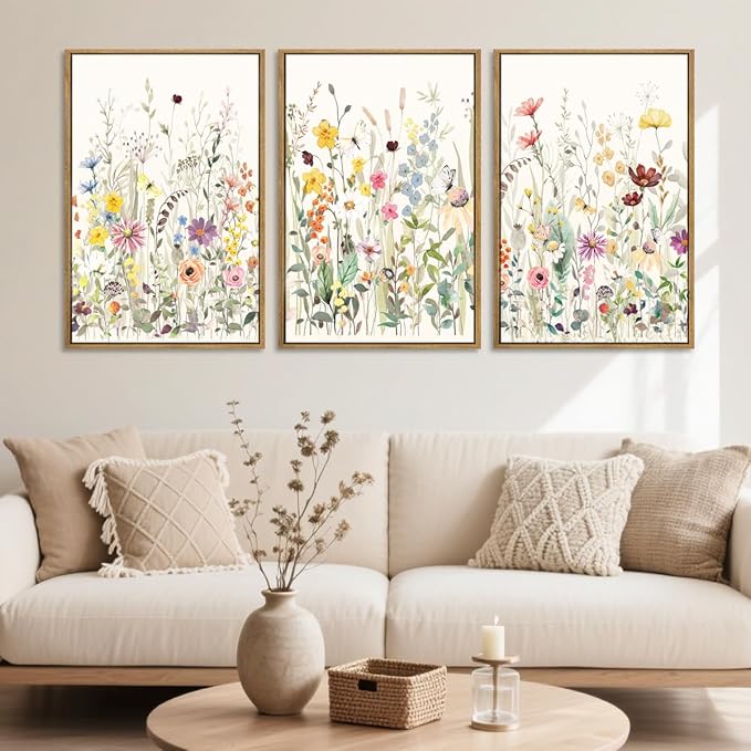 BINCUE Large Framed Floral Canvas Wall Art Colorful Wildflower Pictures Wall Decor Wildflower Artwork Flowers Pictures Floral Home Decor for Living Room Bedroom Office Farmhouse 16x24 Inches Set of 3 Gift