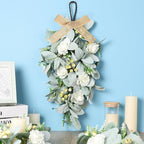 2 Pcs 24" Artificial White Rose Teardrop Wreaths Swag Spring Summer Flower Berries Swags Wreath White Floral Hanging Wreaths for Kitchen Cabinet Doors Window Wall Wedding Party Home Decor