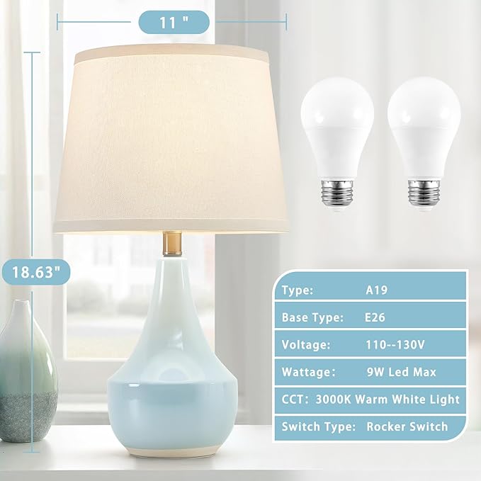 GyroVu 18" Table Lamp Set of 2, Ceramic Lamp Classic Beside Lamps Nightstand Lamp Modern Cute Lamp for Living Room, Bedroom & Office Rocker Switch Sky Blue-LED Bulbs Included