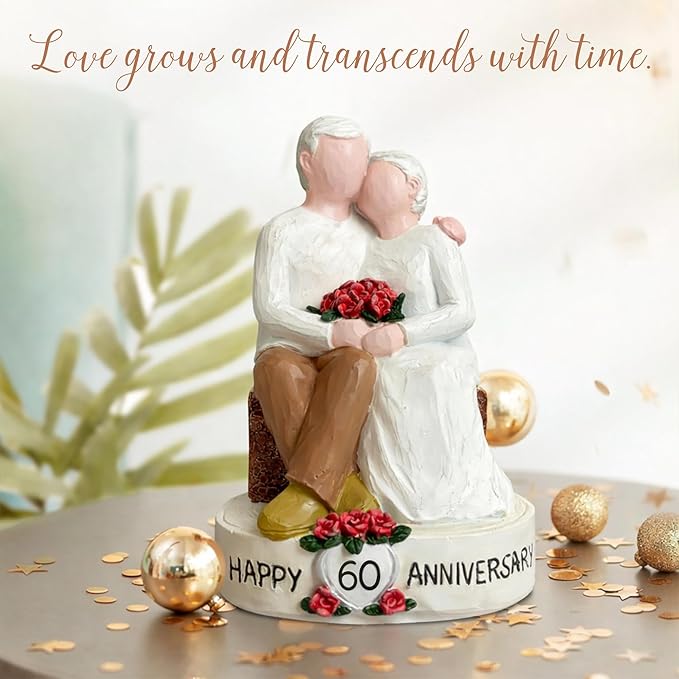 60th Wedding Anniversary Couple Figurine Gift for Parents, Happy 60th Anniversary Decoration, Diamond Wedding Keepsake Statue for Husband Wife, 60 Years Marriage Gift for Couple