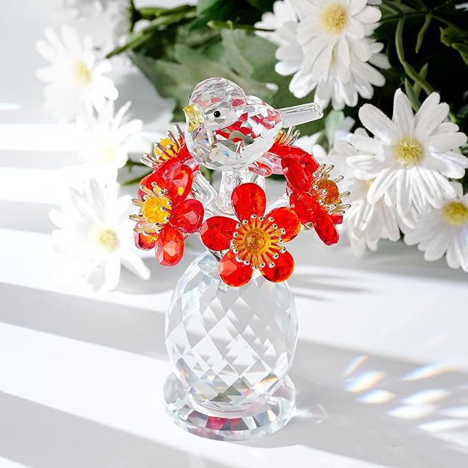 Crystal Bird & Forget-Me-Not Flower Figurine,3x4 inch Glass Flower Collectible Ornaments for Home Decor Table Centerpiece Glass Bouquet Flowers Keepsake Gifts for Women （Red）