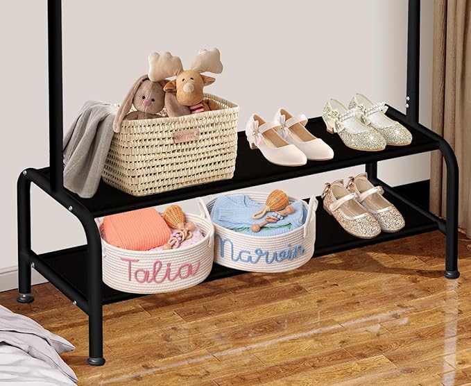 Kids Clothing Rack - Small Garment Rack - Small Kids Costume Wardrobe Rack with 2 Fabric Floors Storage Shelf - Mini Short Baby Toddler Clothes Rack
