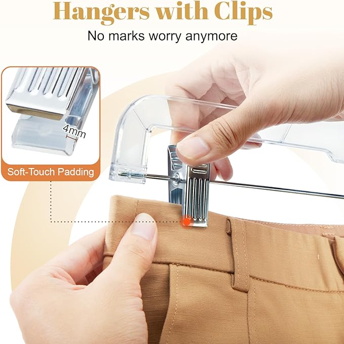 HOUSE DAY 100 Pack Skirt Hangers with Clips, Clear Plastic Pants Hangers with 2-Adjustable Clips，Non-Slip Clip Hanger for Pant, Skirts, Shorts, Bulk Retail Hanger