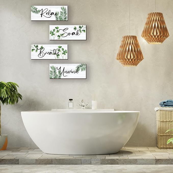ONIZHITY 4 Pcs Large Farmhouse Bathroom Wall Decors Relax Soak Unwind Breathe Wooden Word Sign Green Hanging Wall Art Rustic Office Wall Decor for Bedroom Living Room Decor(Green Leaves 14X5.5 Inch)