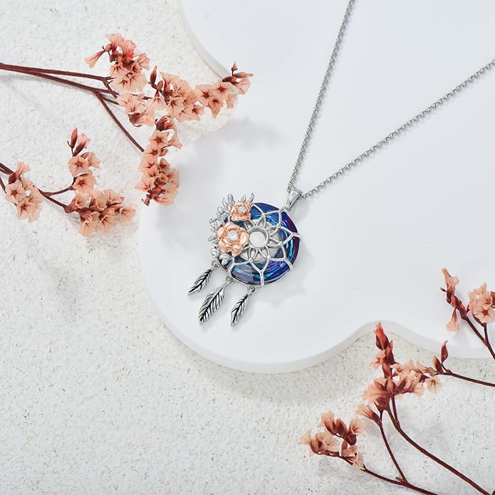 Dream Catcher Crystal Pendant Flower Urn Necklace Jewelry 925 Sterling Silver Keepsake Cremation Necklaces for Human Pet Ashes for Women