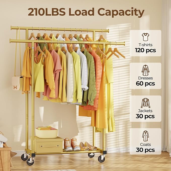 Double Rods Clothes Rack, Sturdy Rolling Clothing Rack, Portable Clothing Racks for Hanging Clothes - Metal Garment Rack Wardrobe Coat Rack for Bedroom Laundry Living Room, Gold