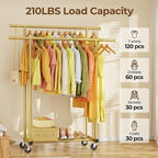 Double Rods Clothes Rack, Sturdy Rolling Clothing Rack, Portable Clothing Racks for Hanging Clothes - Metal Garment Rack Wardrobe Coat Rack for Bedroom Laundry Living Room, Gold