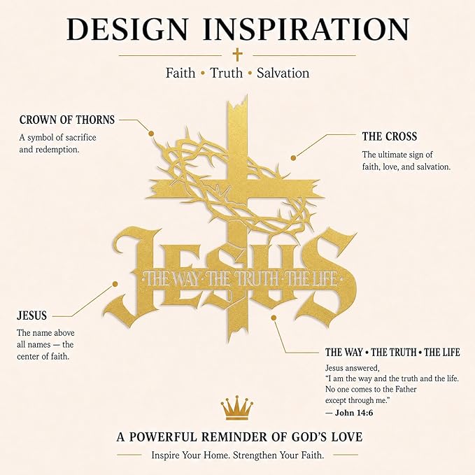 Jesus Wall Art Cross Wall Decor with Crown of Thorns - Metal Christian Wall Art "The Way The Truth The Life" Sign, Gold Iron Religious Wall Art & Christian Wall Decor for Home Living Room Church-Gold