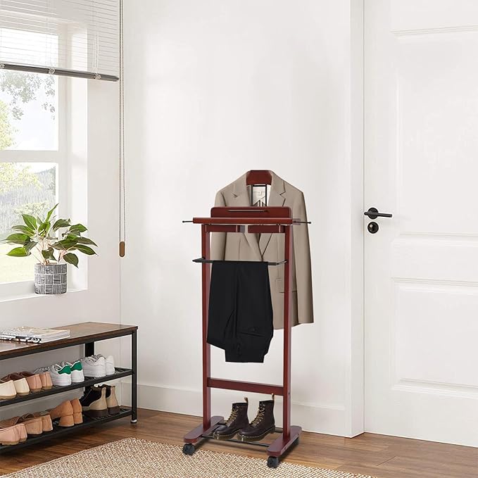 Wood Valet Suit Rack, Freestanding Vintage Garment Rack for Men Women, Heavy Duty Rolling Coat Stand, Valet Stand Clothing Suit Organizer for Entryway, Bedroom, Office(Reddish Orange)