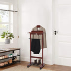 Wooden Freestanding Clothes Stand with Sturdy Base, Multi-functional Suit Valet Stand, Coat Rack with Top Drawer, Tie Hangers, Storage Compartments for Office, Bedroom, Living Room (Reddish Orange)