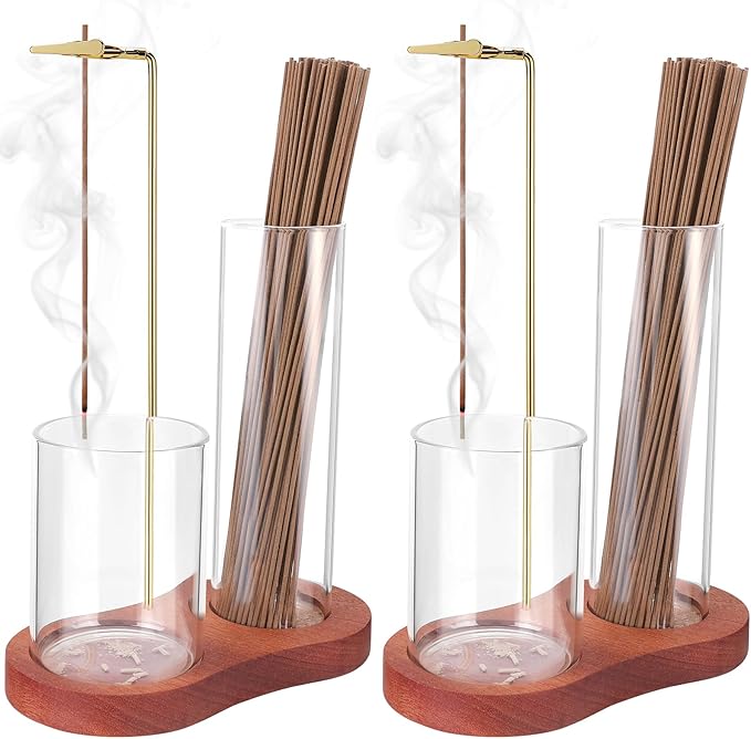 Incense Holder for Sticks, 2 in 1 Incense Stick Holder for Sticks with Glass Ash Catcher,Anti-Ash Flying No Mess Incense Burner，for Yoga Spa Meditation Home Decor(2 Pack)