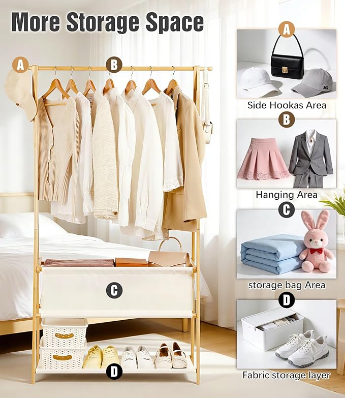 Bamboo Clothes Rack with Storage Box and Storage Shelf, Portable Extra Large Garment Rack Clothing Rack, Foldable Wardrobe For Entryway and Bed Room (M - 39.4 Inch)